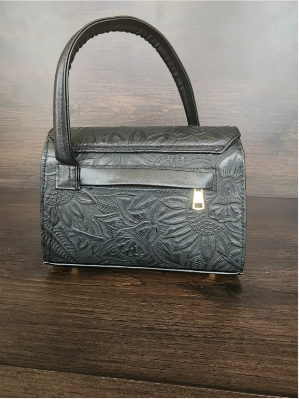 Black Sunflower Embossed Tooled Artisan LEATHER Crossbody Bag Purse Handbag